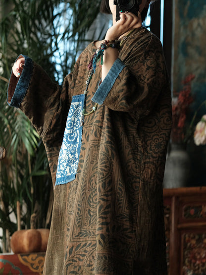 Women Vintage Patchwork Leaf O-Neck Dress