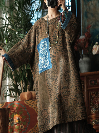 Women Vintage Patchwork Leaf O-Neck Dress