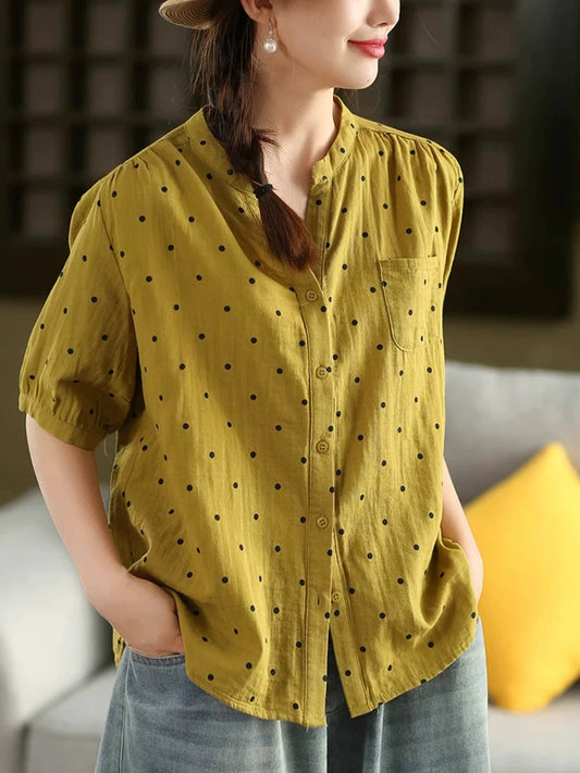 Women Summer Artsy Dot Stand Collar 100%Cotton Shirt