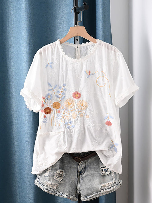 Plus Size Women Summer Artsy Flower Embroidery 100%Cotton Blouse