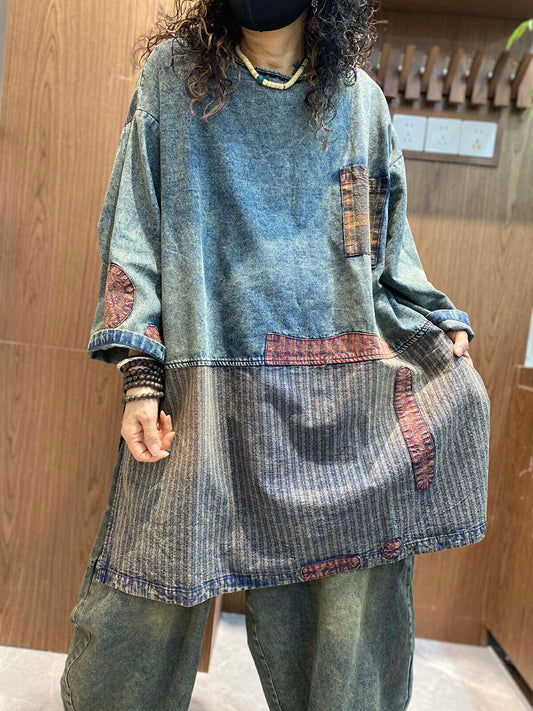 Women Spring Retro Patchwork Denim Blouse