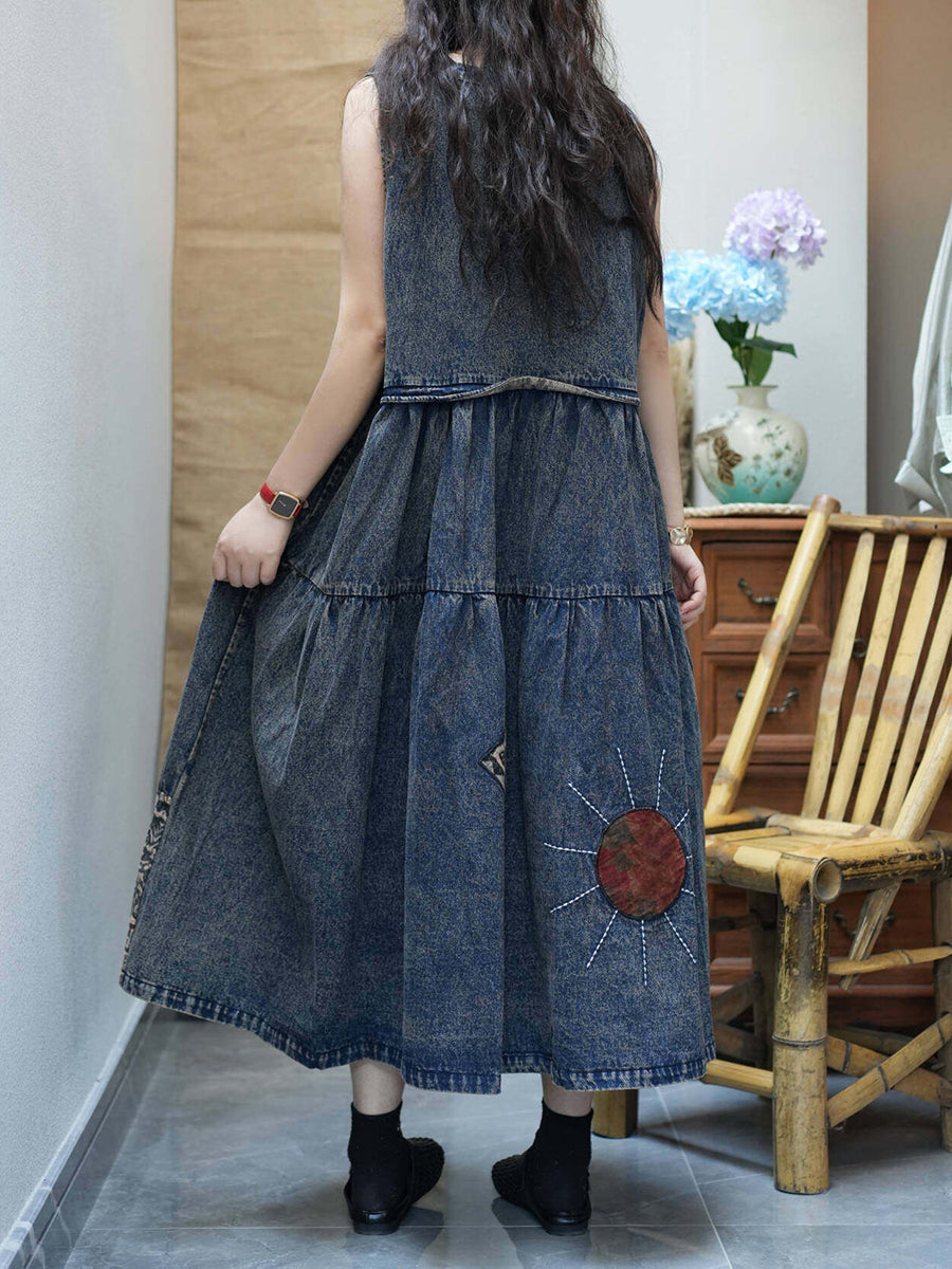 Women Summer Vintage Spliced Denim Vest Dress
