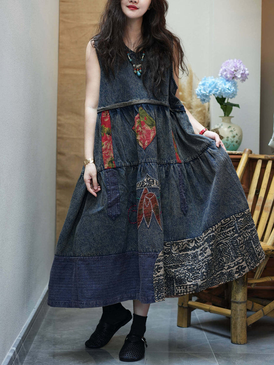 Women Summer Vintage Spliced Denim Vest Dress