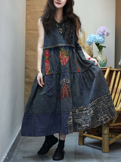 Women Summer Vintage Spliced Denim Vest Dress