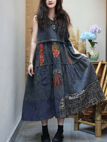Women Summer Vintage Spliced Denim Vest Dress