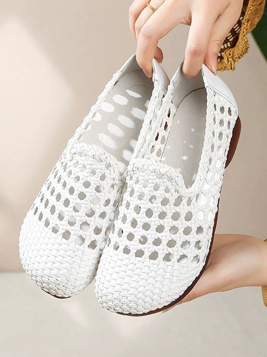 Women Summer Hole Leather Weave Low Heel Sandals