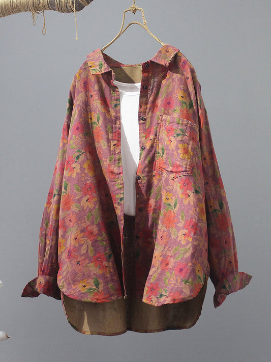 Plus Size Women Artsy Summer Flower 100%Cotton Shirt