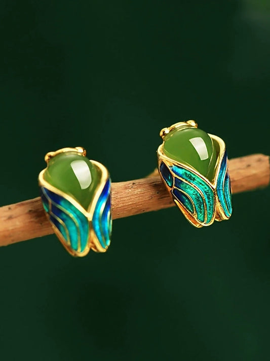 Women Ethnic Enamel Jade Golden Cicada Earring