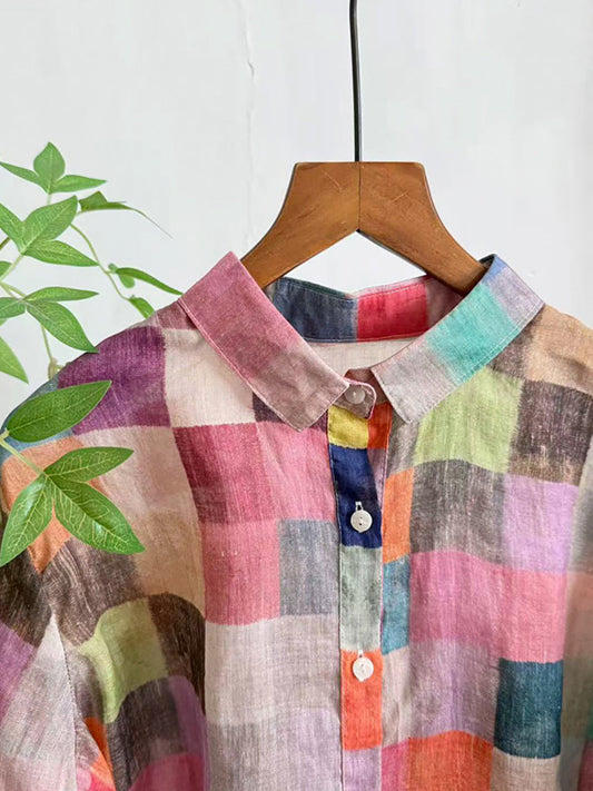 Plus Size Women Summer Artsy Colorful Plaid 100%Ramie Shirt