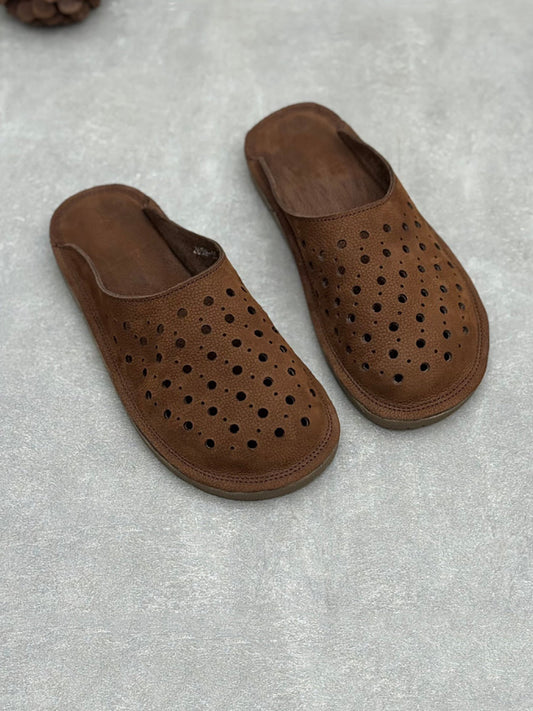 Women Summer Casual Hole Genuine Leather Slippers