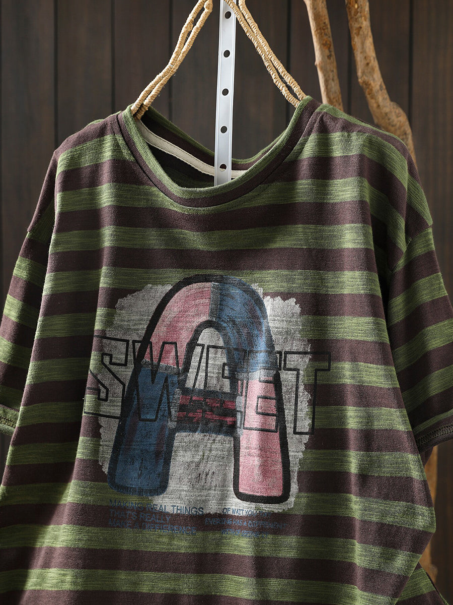 Women Summer Casual Stripe Letters Cotton T-Shirt