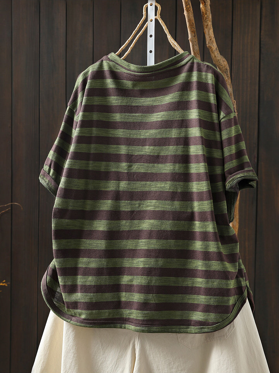 Women Summer Casual Stripe Letters Cotton T-Shirt