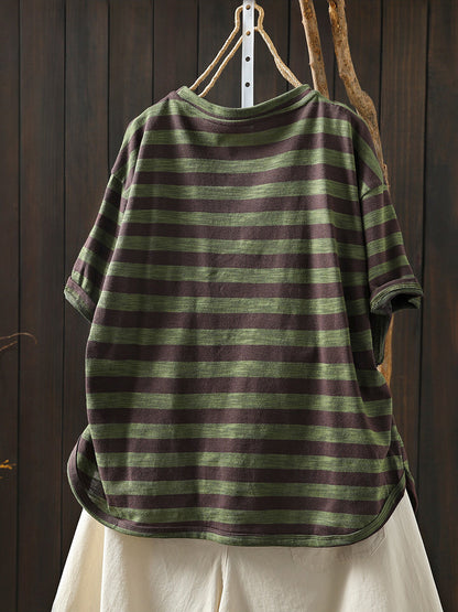 Women Summer Casual Stripe Letters Cotton T-Shirt