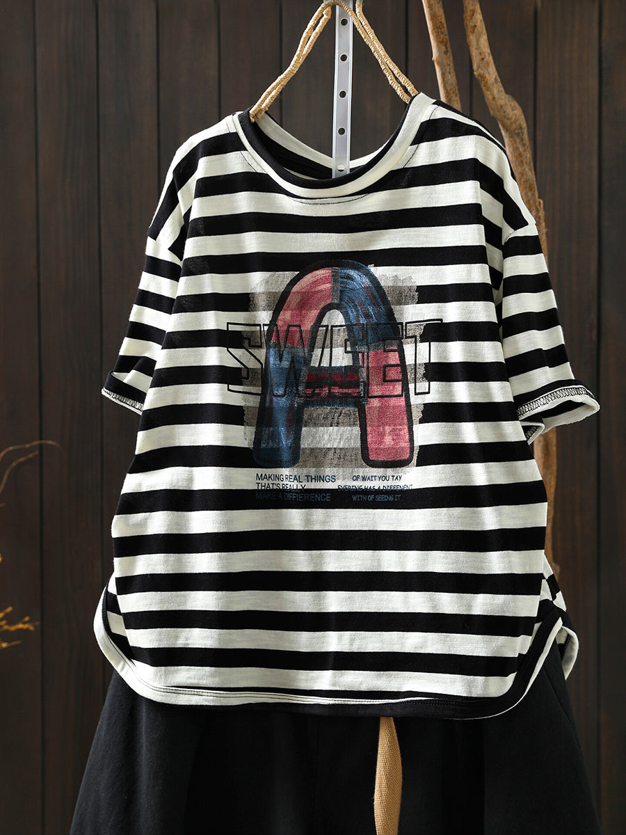 Women Summer Casual Stripe Letters Cotton T-Shirt