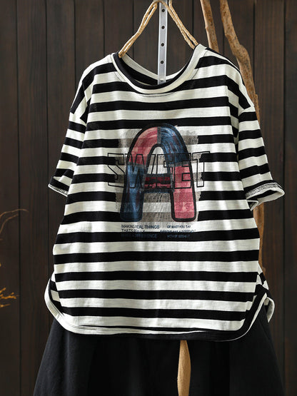 Women Summer Casual Stripe Letters Cotton T-Shirt