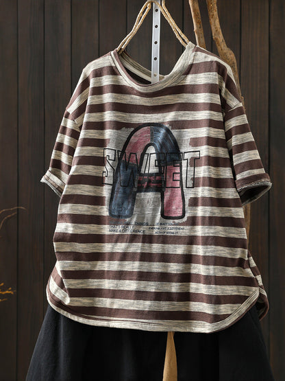 Women Summer Casual Stripe Letters Cotton T-Shirt