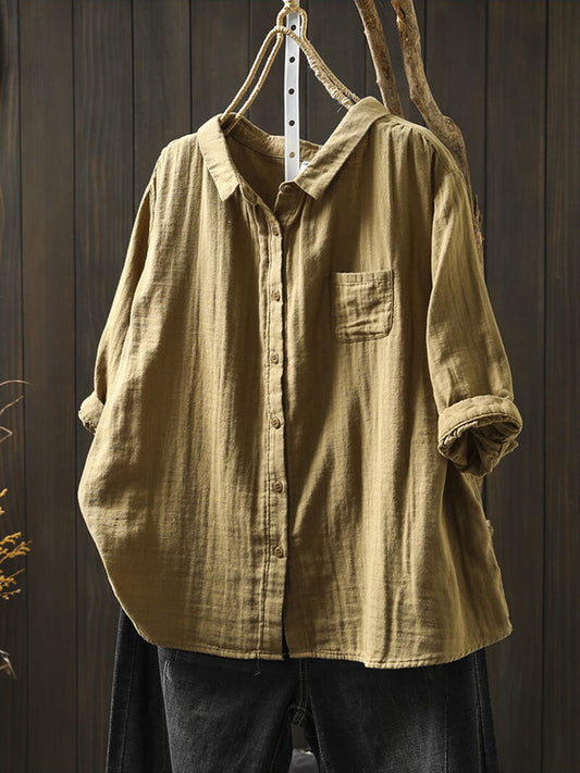 Women Summer Casual Pure Color 100%Cotton Shirt