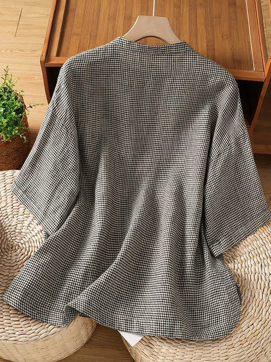 Plus Size Women Summer Retro Lattice Stand Collar Blouse