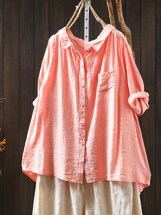 Women Summer Casual Pure Color Cotton Shirt