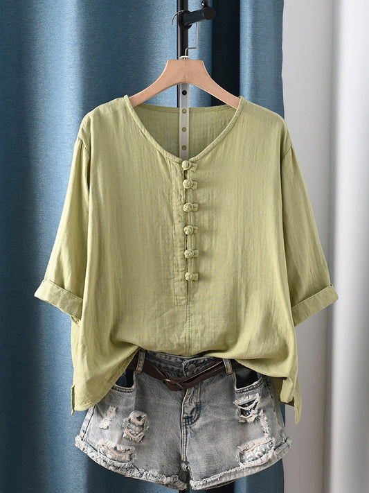 Plus Size Women Summer Retro Pure Color 100%Cotton Blouse
