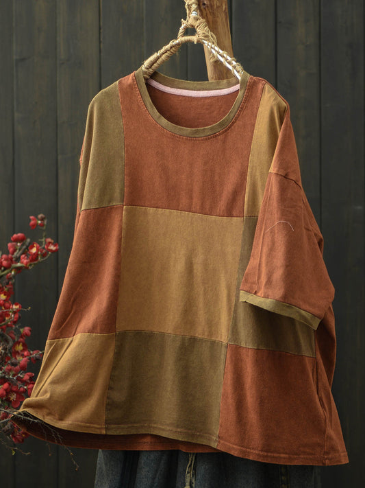 Women Summer Retro Patchwork O-Neck T-Shirt