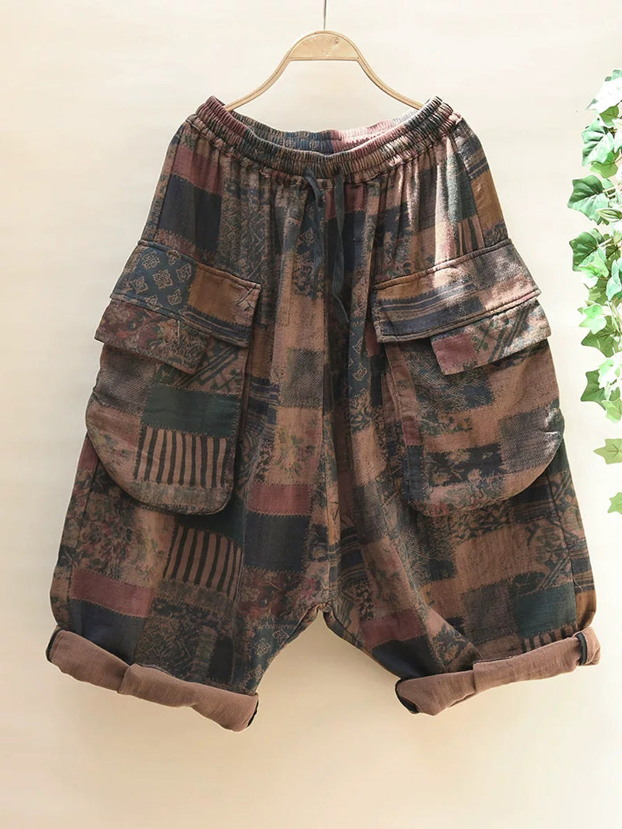 Plus Size Women Summer Retro Flower Wide-leg Cotton Pants