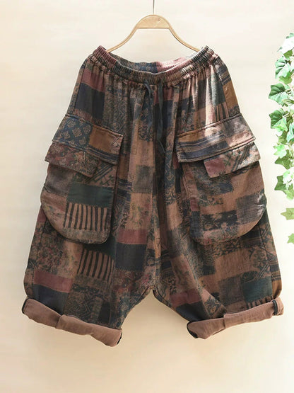 Plus Size Women Summer Retro Flower Wide-leg Cotton Pants