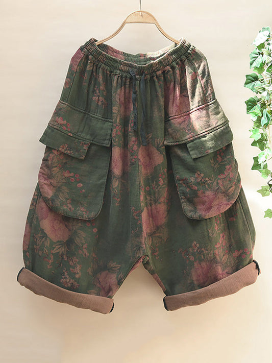 Plus Size Women Summer Retro Flower Wide-leg Cotton Pants