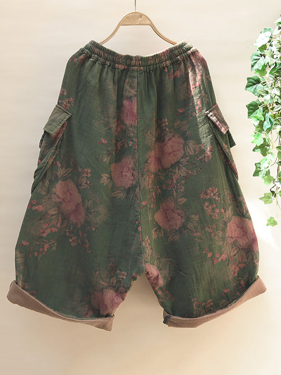 Plus Size Women Summer Retro Flower Wide-leg Cotton Pants