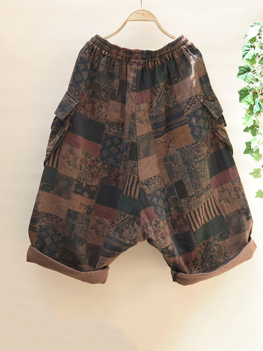 Plus Size Women Summer Retro Flower Wide-leg Cotton Pants