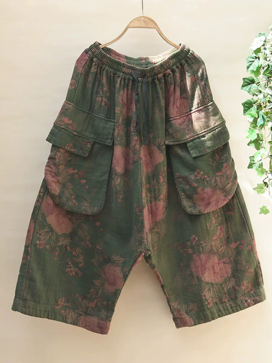 Plus Size Women Summer Retro Flower Wide-leg Cotton Pants