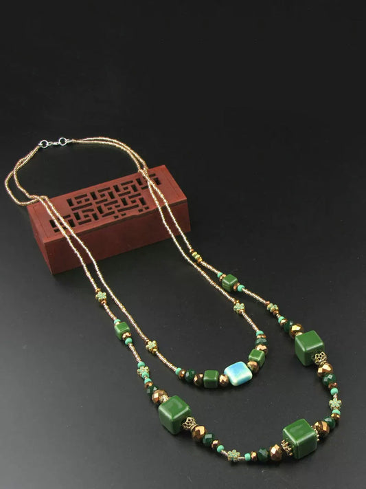 Women Vintage Dual-layer Green Ceramic Beads Necklace