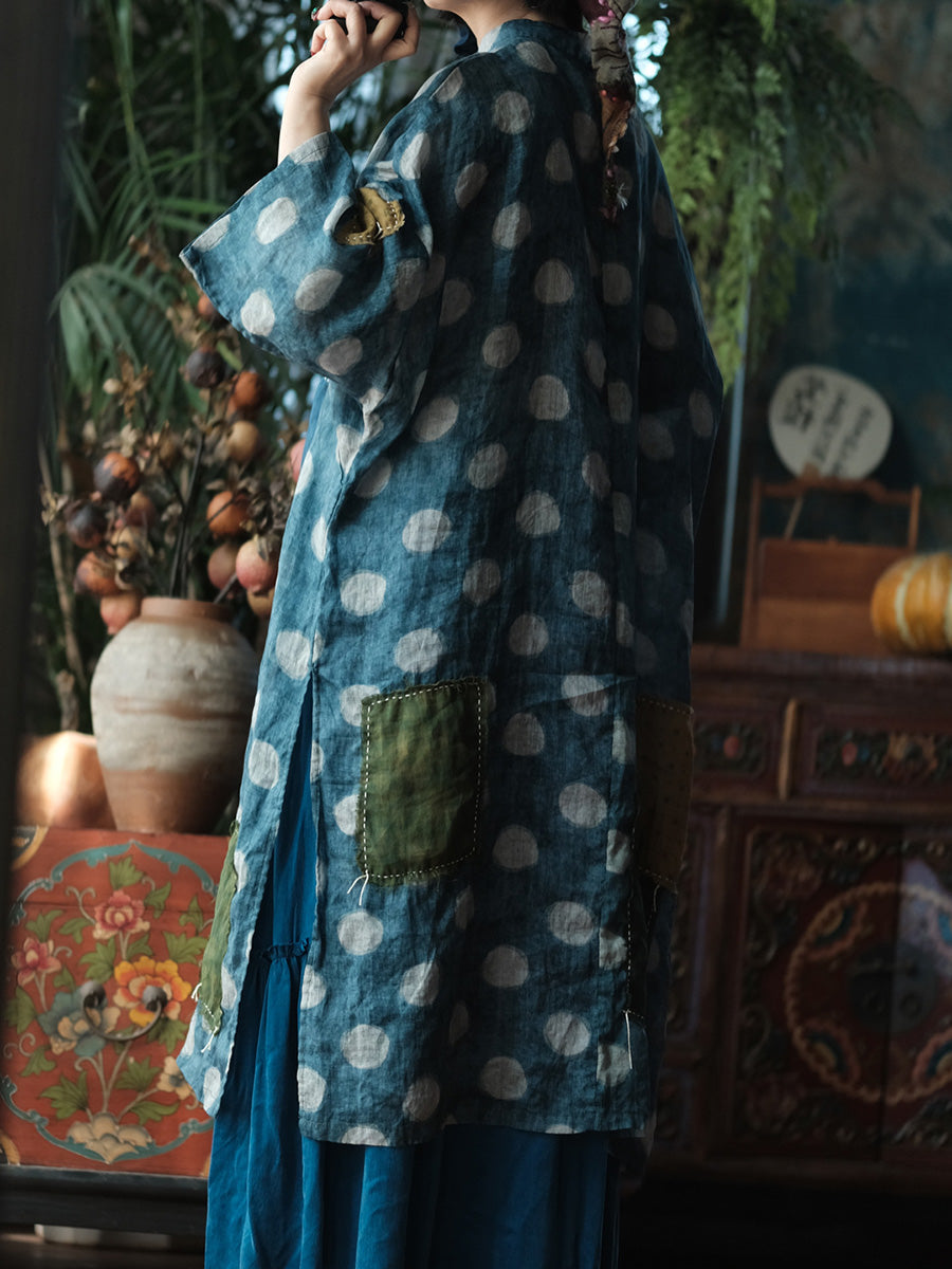 Women Summer Vintage Dot Spliced Ramie Dress