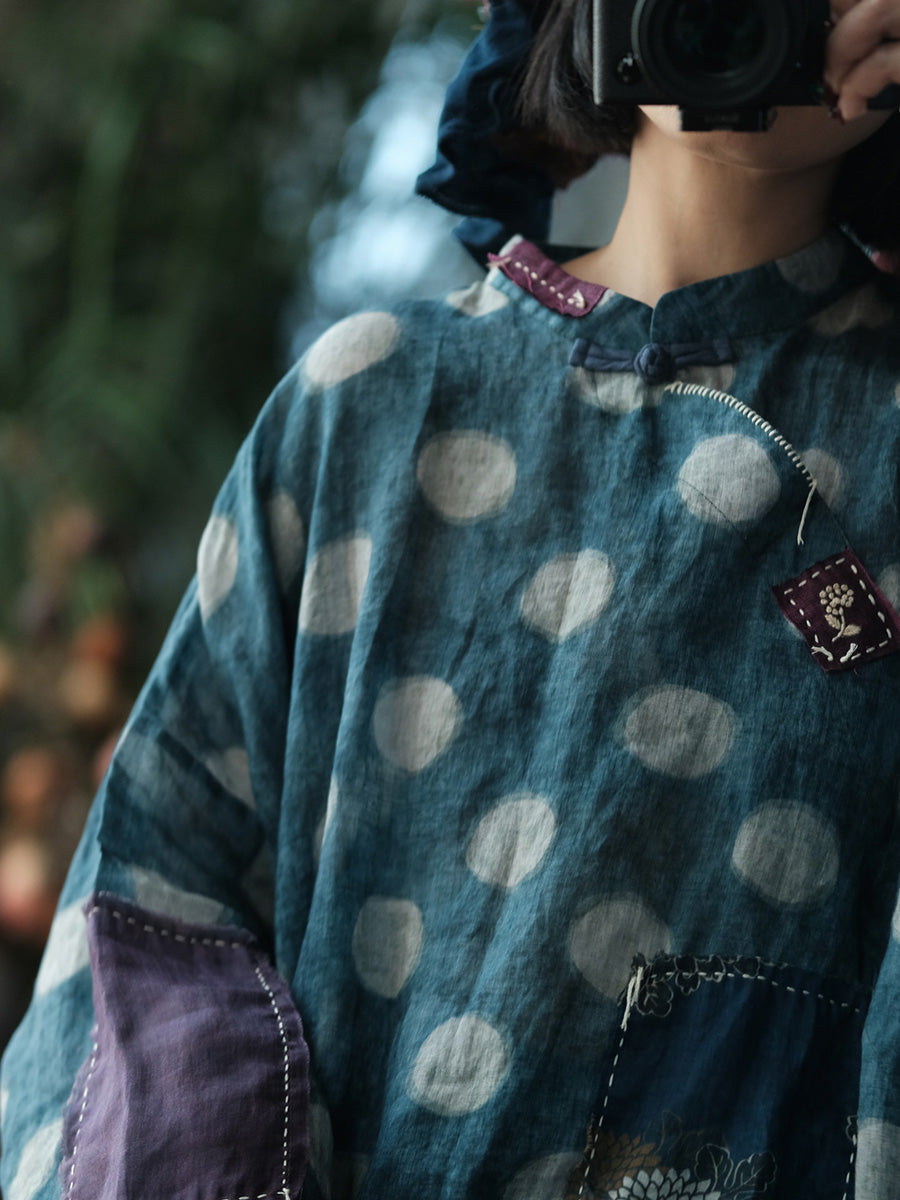Women Summer Vintage Dot Spliced Ramie Dress