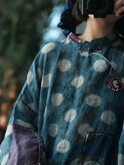 Women Summer Vintage Dot Spliced Ramie Dress