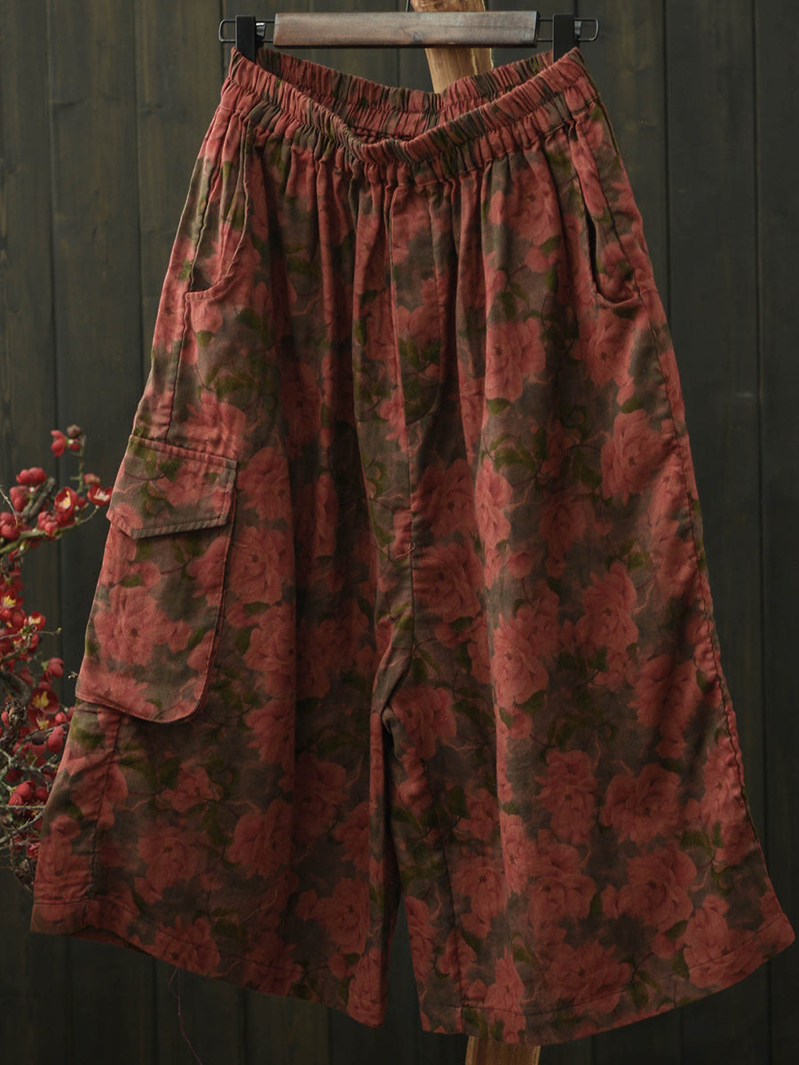 Women Summer Retro Flower Cotton Wide-leg Pants