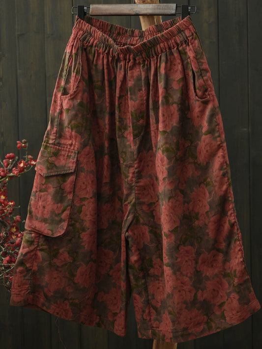 Women Summer Retro Flower Cotton Wide-leg Pants