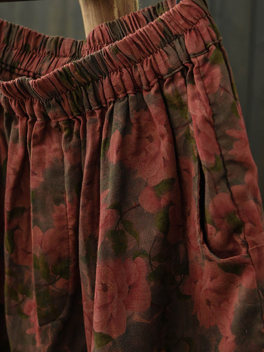 Women Summer Retro Flower Cotton Wide-leg Pants