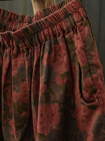 Women Summer Retro Flower Cotton Wide-leg Pants