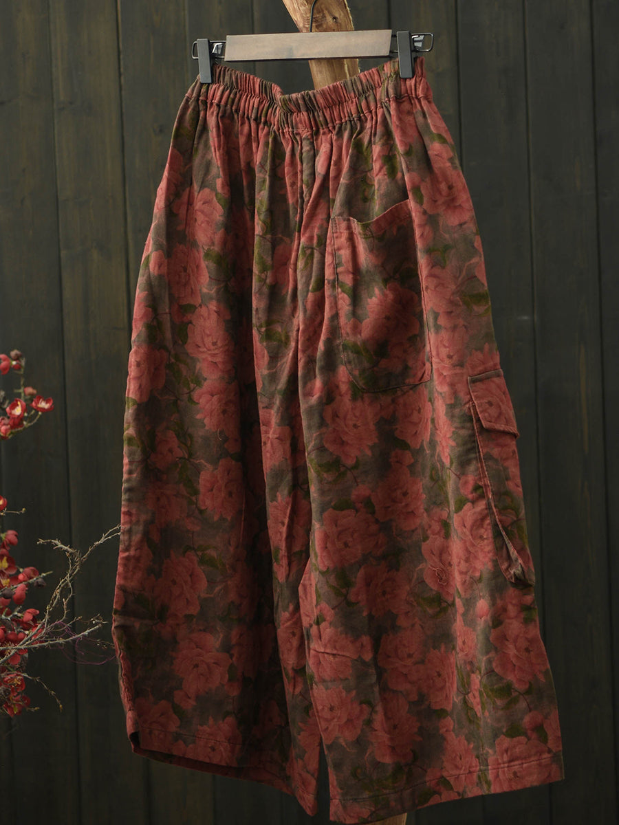 Women Summer Retro Flower Cotton Wide-leg Pants