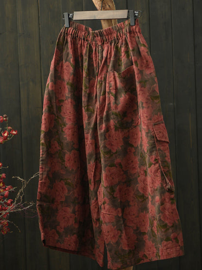 Women Summer Retro Flower Cotton Wide-leg Pants