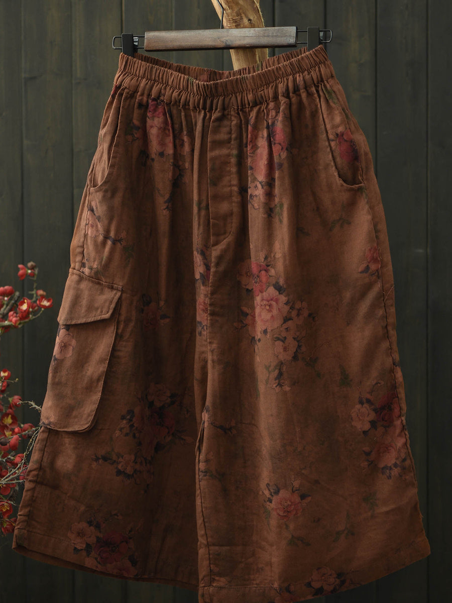 Women Summer Retro Flower Cotton Wide-leg Pants