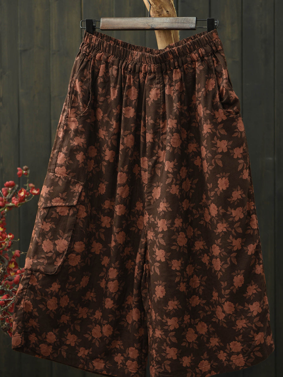 Women Summer Retro Flower Cotton Wide-leg Pants