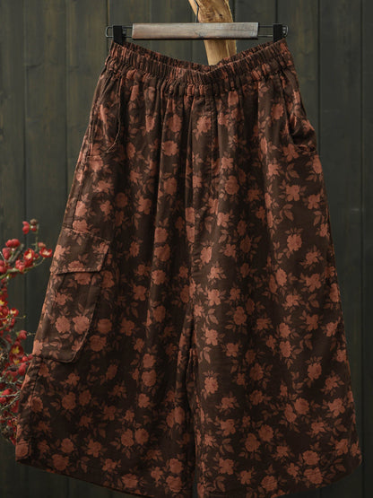 Women Summer Retro Flower Cotton Wide-leg Pants
