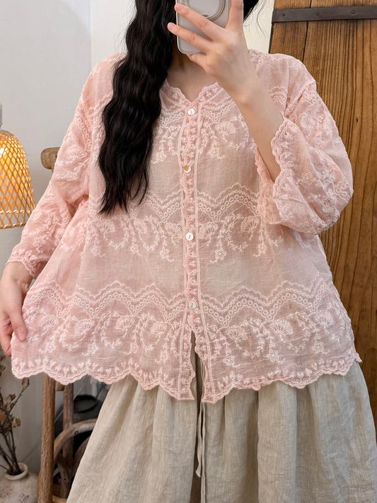 Women Summer Artsy Embroidery Cotton V-Neck Blouse