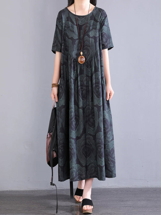 Plus Size Women Summer Casual Flower O-Neck Dress