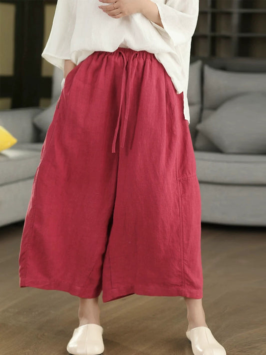 Women Summer Retro Pure Color 100%Linen Wide-leg Pants