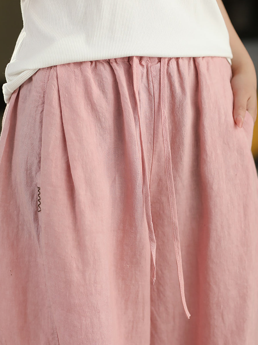 Women Summer Retro Pure Color 100%Linen Wide-leg Pants