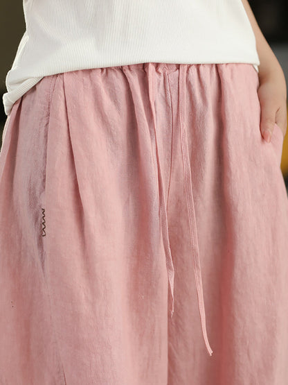 Women Summer Retro Pure Color 100%Linen Wide-leg Pants