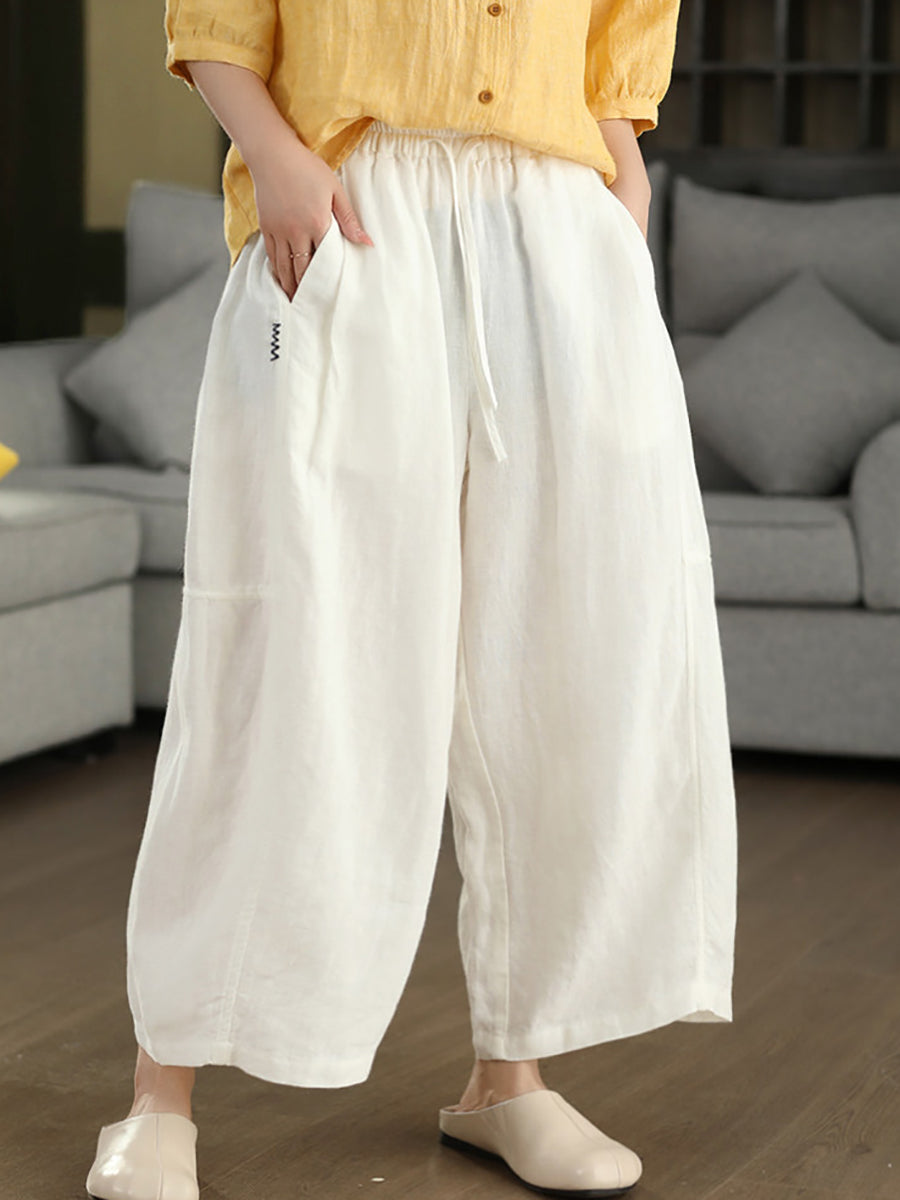 Women Summer Retro Pure Color 100%Linen Wide-leg Pants